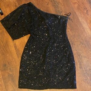 One shoulder black sequin stretch dress